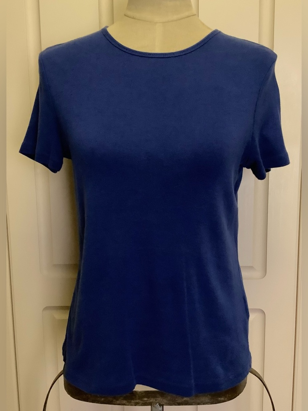 Basic Editions Classic Fit Shirt Top-Blue-Round Neck-Short Sleeve-100% Cotton-S